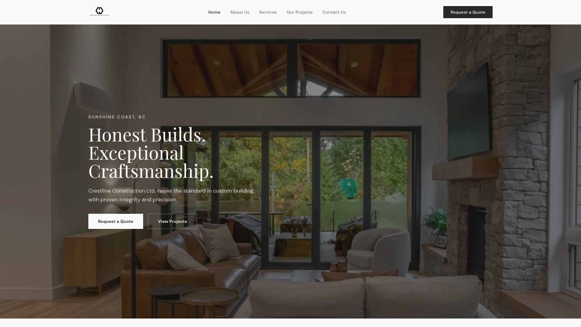 Actual Crestline Construction homepage, featuring Honest Builds. Exceptional Craftsmanship. over a timber-beamed living room