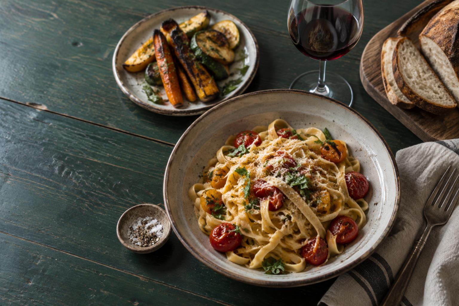Fresh pasta, seasonal vegetables and bread on a restaurant table