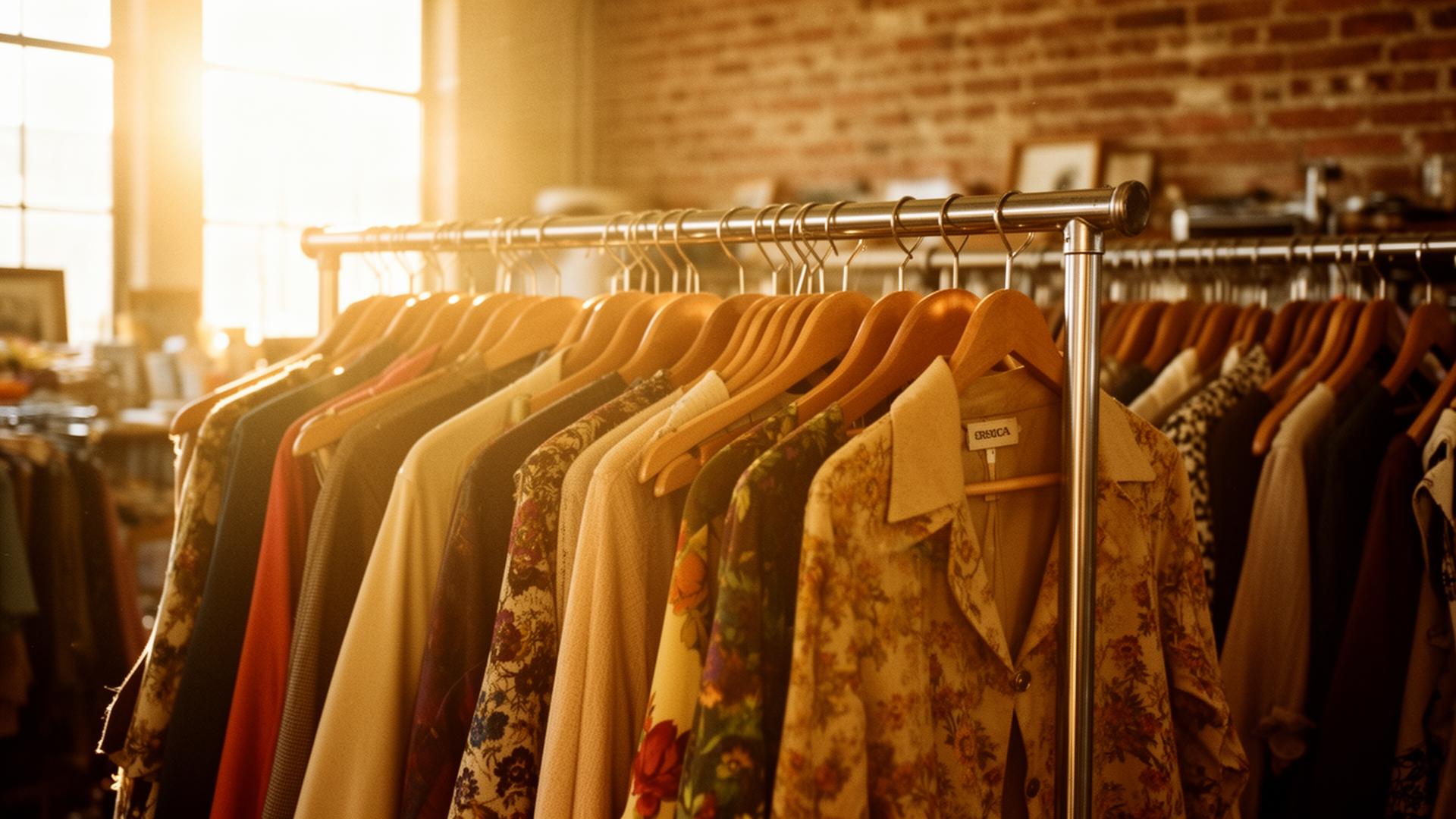 Vintage clothing racks in warm sunlight